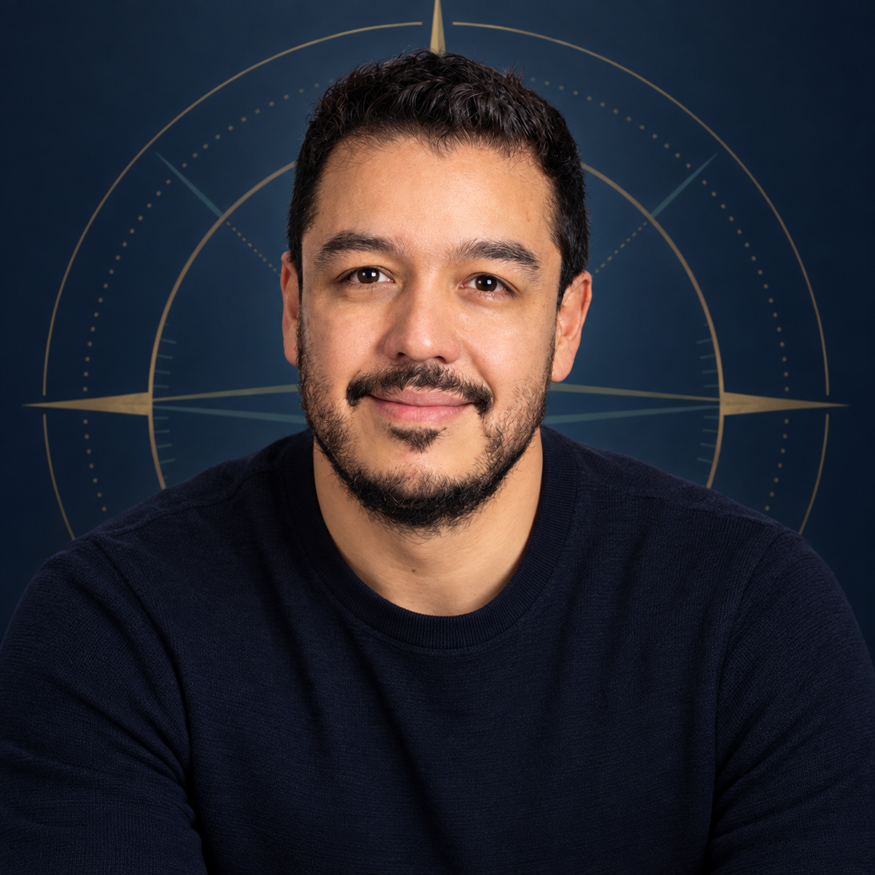 Retrato de Juan Pablo Olivero frente a una brújula geométrica